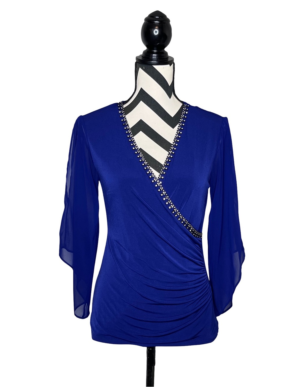 Royal Blue Sheer Bell-Sleeve V-Neck Faux Wrap Cocktail Evening Blouse Sz S - Picture 1 of 16